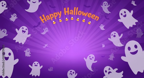 Spooky fun Happy Halloween design with happy ghosts and bats on purple background, perfect for inviting guests