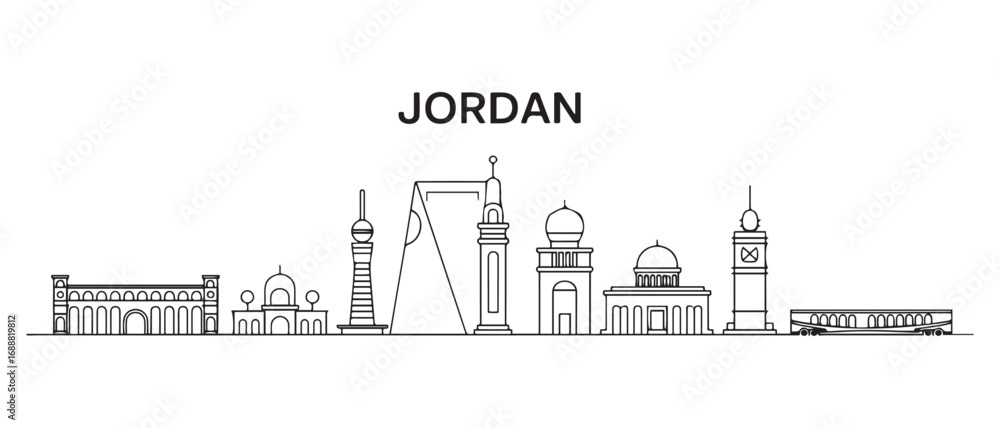 Obraz premium Jordan Line Art skyline. Travel Jordan famous landmarks. Business and tourism concept for presentation, banner, web site. with white background