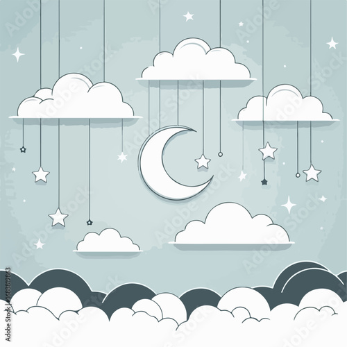 Illustration of Moon, Stars, Hanging Clouds