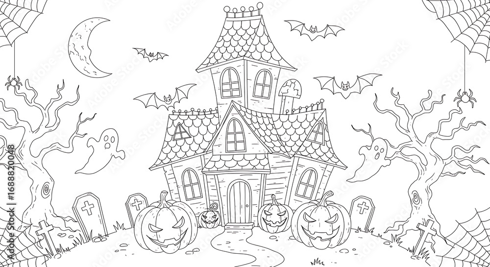 Fototapeta premium Haunted house illustration with pumpkins, bats, and ghosts for Halloween