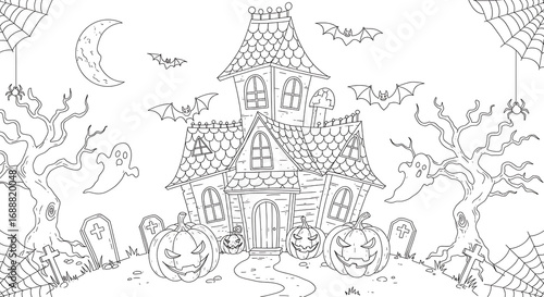 Haunted house illustration with pumpkins, bats, and ghosts for Halloween  