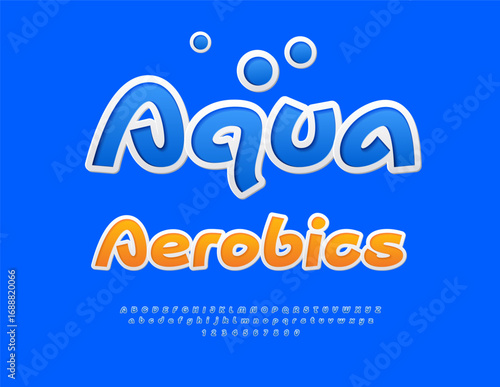 Vector Activity sign Aqua Aerobics.Funky Blue Sticker Font. Modern set of Playful Alphabet Letters and Numbers.