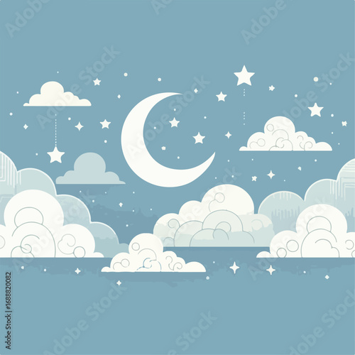 Illustration of Moon, Stars, Hanging Clouds