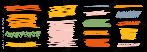 Hand-drawn vector colorful brush strokes, paint stains, textured frame set. Rough edge text boxes, banners, highlights, grunge shapes. Painted strokes, baubles. Abstract design elements. Kids art bg