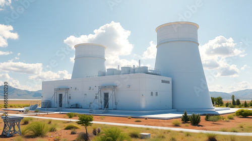 concept of a SMR small modular nuclear reactor power plant on a sunny day. SMR is a future energy concept. 3d rendering.