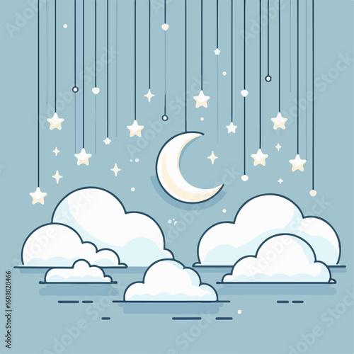 Illustration of Moon, Stars, Hanging Clouds