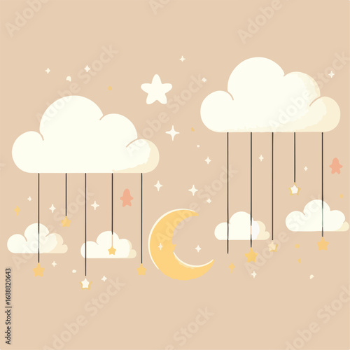 Illustration of Moon, Stars, Hanging Clouds
