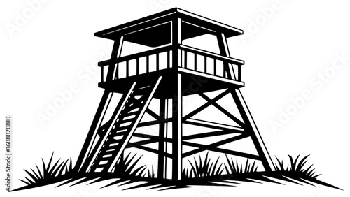 Graphic vector art of a wooden observation tower, solid black silhouette, pure white background, triangular base structure, frontal full view, minimalist design.
