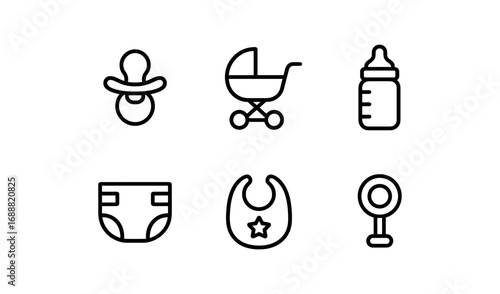 Minimalist baby icons set: pacifier, stroller, bottle, diaper, bib, rattle in line art