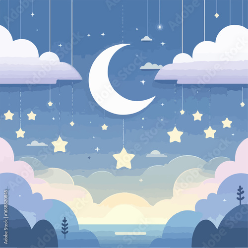 Illustration of Moon, Stars, Hanging Clouds