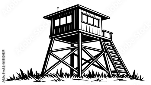 Graphic vector art of a wooden observation tower, solid black silhouette, pure white background, triangular base structure, frontal full view, minimalist design.