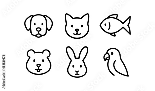 Simple animal icons: dog, cat, fish, bear, rabbit, bird in minimalist line art