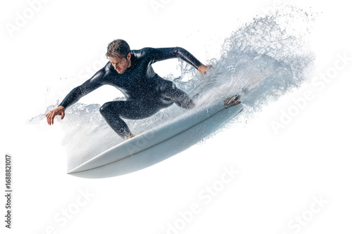 Surfing image of man riding wave on surfboard in wetsuit water sport fun on transparent background