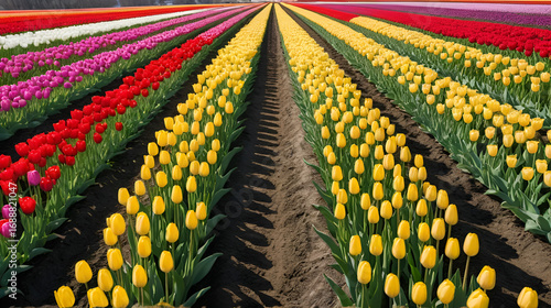 View of a colorful tulip field with flowers in bloom in Cream Ridge, Upper Freehold, New Jersey, United States