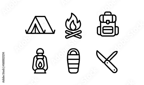 Minimalist camping icons: tent, campfire, backpack, lantern, sleeping bag, knife