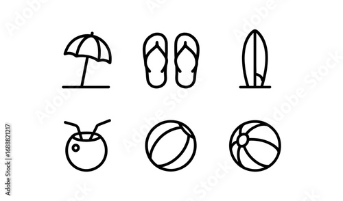 Minimalist summer icons featuring beach essentials and relaxation items