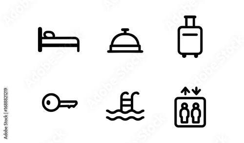 Modern linear icons for hospitality services: bed, bell, suitcase, key, pool, elevator