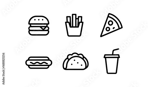 Minimalist icons of popular fast food items in line art style