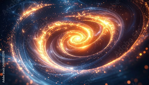 A swirling, abstract depiction of a galaxy with vibrant orange and blue hues, resembling a cosmic vortex.