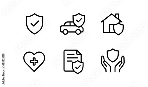 Linear icon set representing insurance for car, home, health, and documents