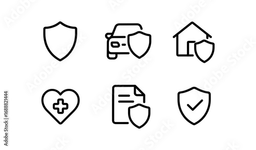 Minimalist line icons for insurance: car, home, health, documents, and shield symbols