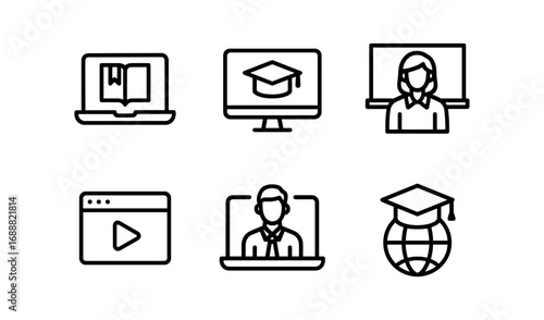 Online learning icons: e-learning, video call, graduation, global education symbols
