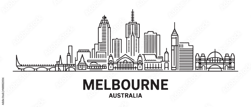 Naklejka premium Melbourne Line Art skyline horizontal banner. Black Melbourne, Australia. Vector template for your design. with white background