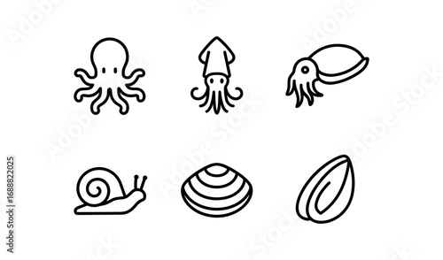 Marine life icons: minimalist ocean creatures in linear style