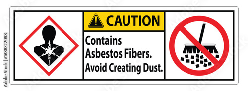 Asbestos chemical hazard sign and labels contains asbestos fibers. Avoid creating dust sign, logo, icon, sticker, label, stamp, symbol, black, line, flat vector, isolated illustration.