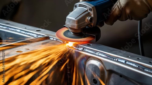 Worker grinding a metal weld seam with an angle grinder creating a shower of hot sparks
