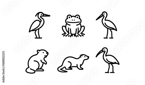 Minimalist linear icons of various animals in simple black outlines