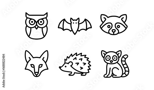 Cute animal icons set featuring owl, bat, raccoon, fox, hedgehog, and lemur in simple line style