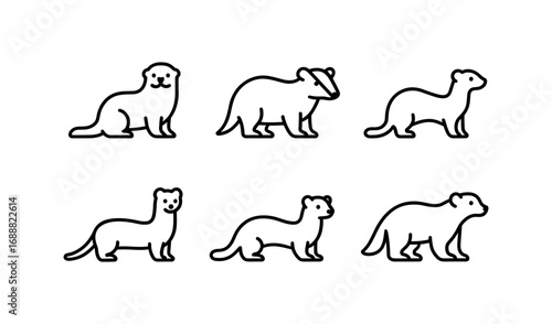 Cute animal outline set: otter, bear, ferret silhouettes in minimalist style