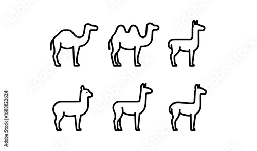 Minimalist outline icons of camels and llamas in black and white