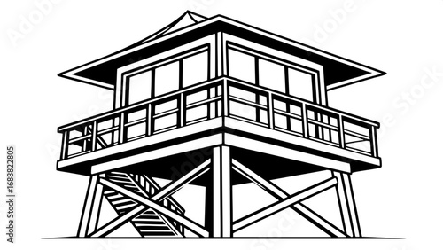 Simple black and white illustration of a forest watchtower, strong geometric lines, raised platform with railing, peaked roof, symmetrical balance, no shading or texture