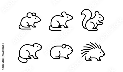 Simple line art of small mammals: mice, squirrel, beaver, guinea pig, porcupine