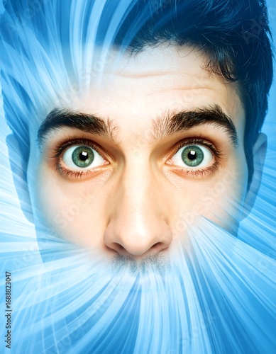 Close-up portrait of a man with wide-eyed expression, overlaid with light blue abstract design