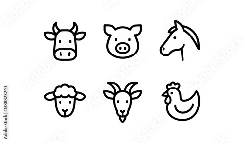 Minimalist animal icons: farm animals in simple black line art