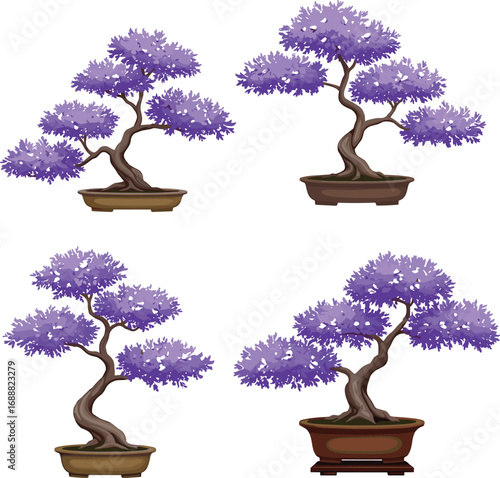 Purple bonsai tree illustration, fantasy plant art, decorative potted tree design, twisted trunk silhouette, ornamental foliage, Japanese miniature garden vector artwork