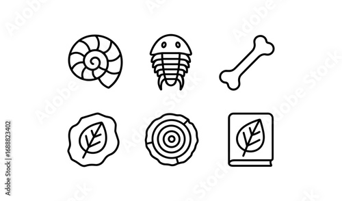 Linear fossil icons set featuring trilobite, ammonite, bone, leaf and tree rings