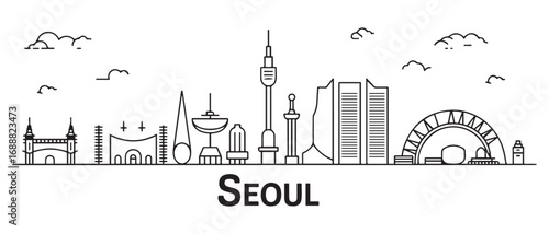 Seoul Line Art skyline. Travel Seoul famous landmarks. Business and tourism concept for presentation, banner, web site. with white background