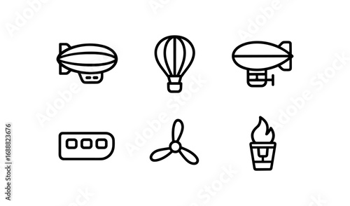 Minimalist air transport icons collection featuring balloon and blimp designs