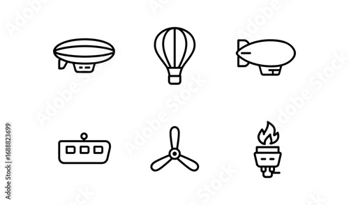 Vintage air transport icons set featuring airship, hot air balloon, and propeller