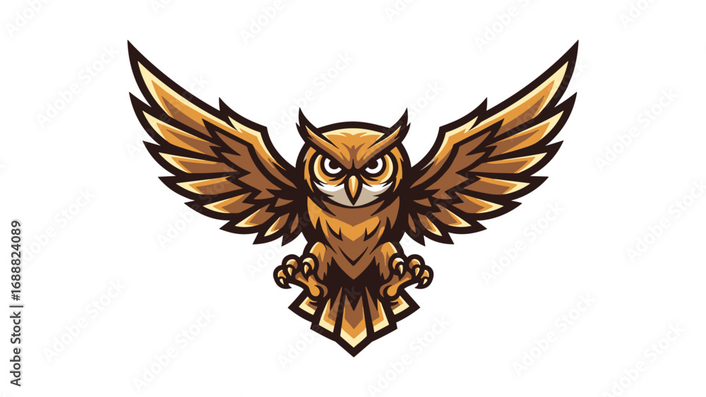 Obraz premium Powerful Golden Owl with Spread Wings in Attack Pose, a Fierce Mascot Logo Illustration Vector
