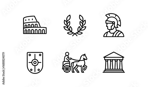 Classic ancient rome icons: coliseum, laurel, gladiator, shield, chariot, temple