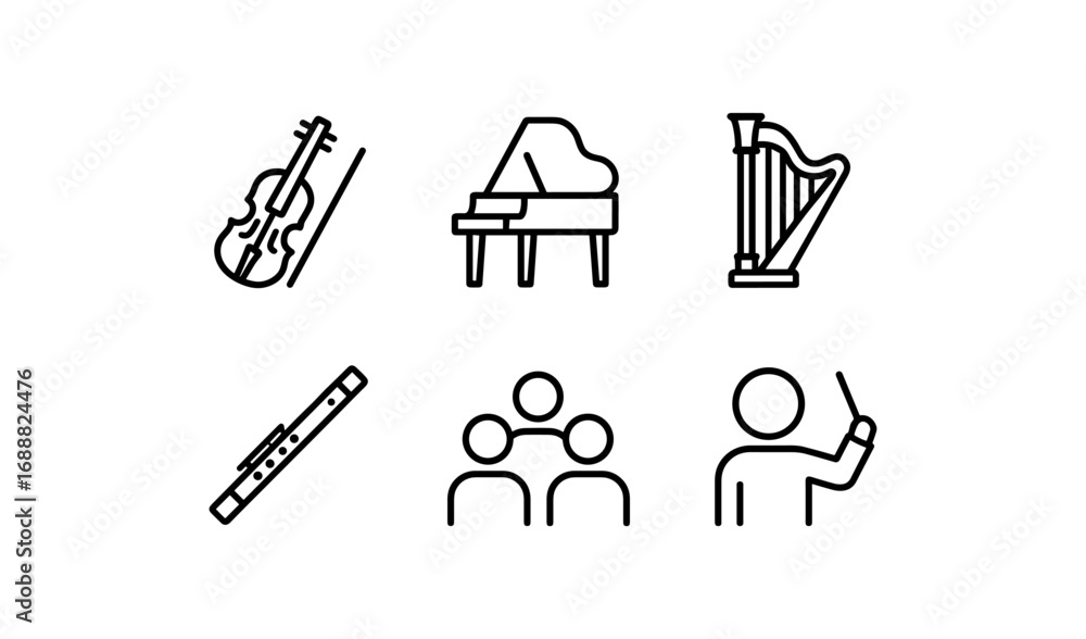 Fototapeta premium Simple line icons of musical instruments and conductor