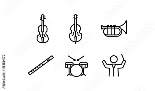 Simple linear music icons: instruments and conductor stick figures