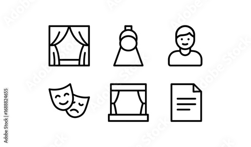 Minimalist theater icons collection featuring curtains, masks, and performer