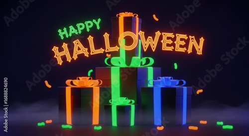 Happy Halloween neon glow with gifts in orange green and blue for spooky season celebrations and fall holiday fun