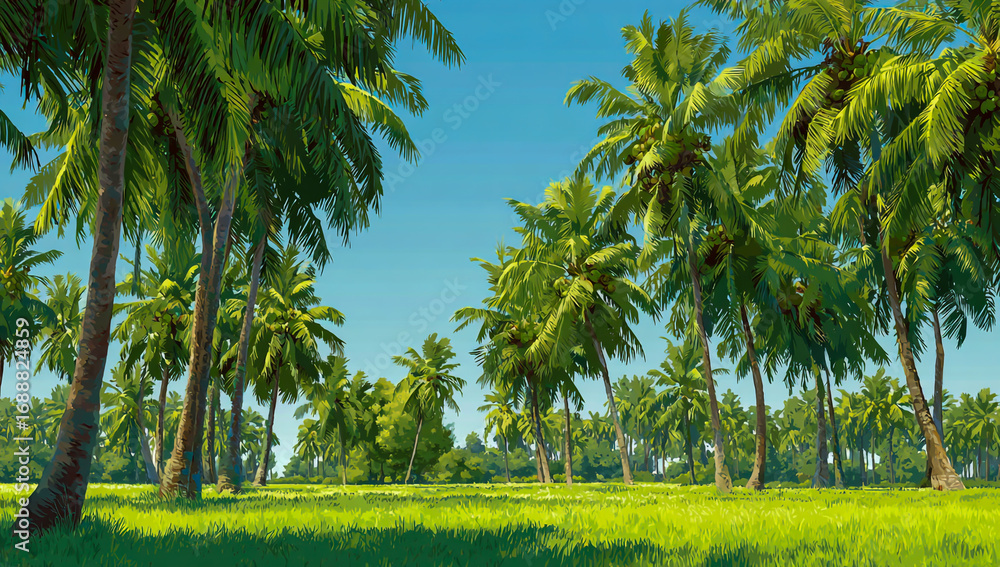 Obraz premium Lush green tropical palm trees line a vibrant grassy field under a clear blue sky